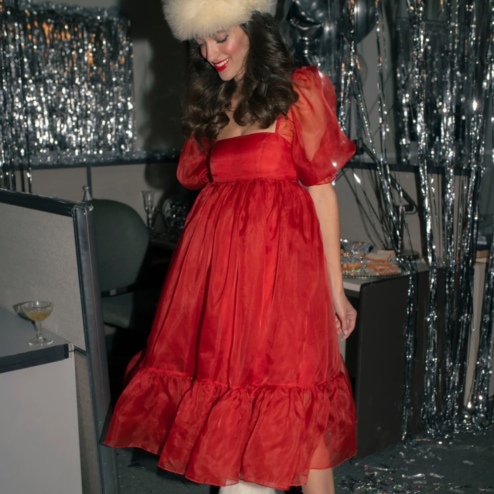 Selkie Winter Red Silk Gauze French Puff Dress